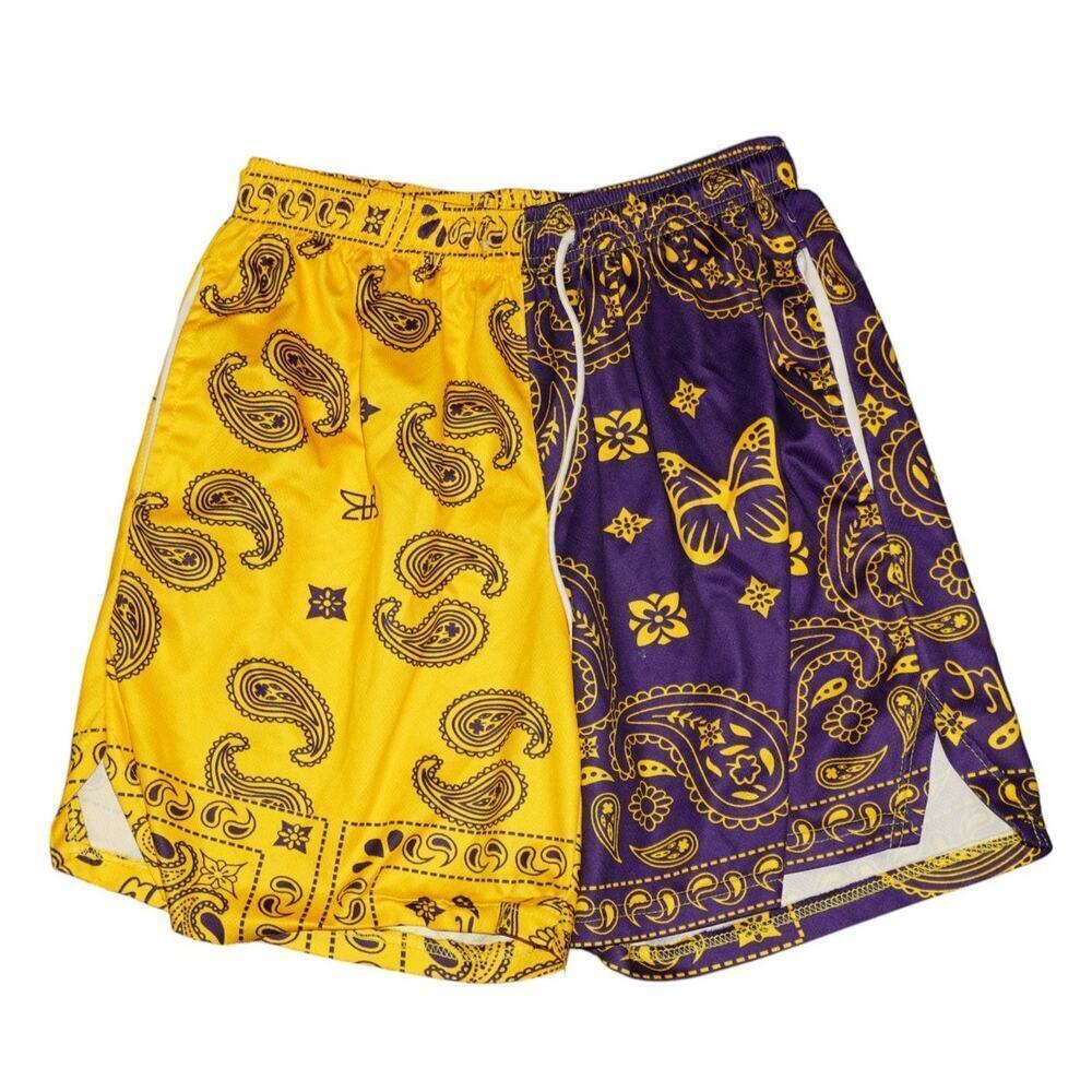 Lakers Colors Bandana Split Shorts Purple & Yellow Paisley Butterfly Streetwear